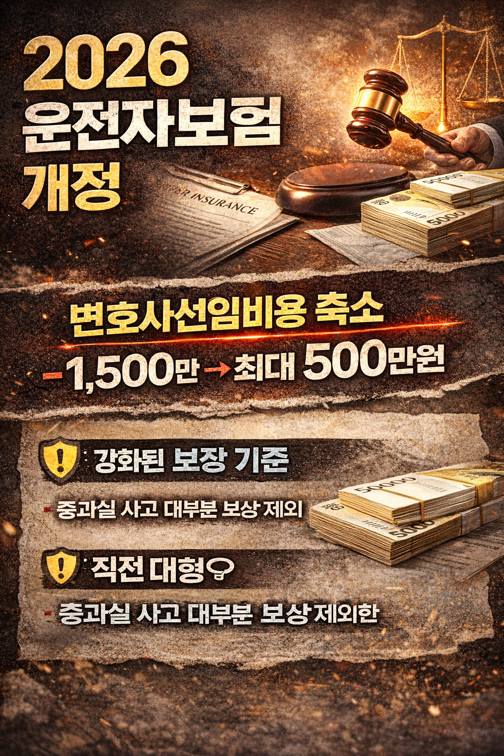 2026 운전자보험 개정, 변호사선임비용 축소와 보장 기준 강화가 강조된 금융 정보형 썸네일 이미지