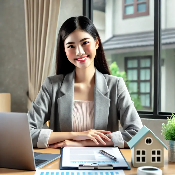주택 대출 계획에 자신감 있는 표정으로 서류와 노트북 앞에 앉아 있는 젊은 동양 여성