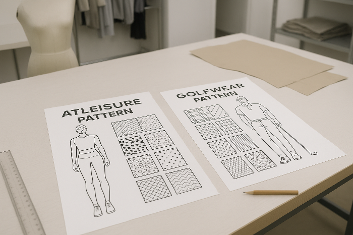 애슬레저와 골프웨어 패턴이 함께 디자인 테이블 위에 놓인 모습