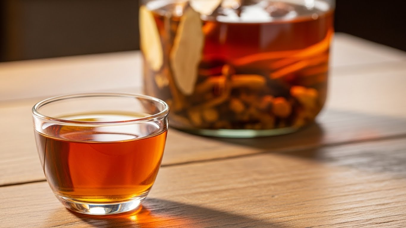 나무-테이블-위에-야관문주가-컵에-담겨져-있습니다.