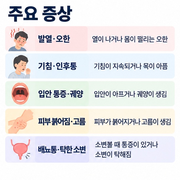 백혈구 감소 시 나타날 수 있는 발열 오한 기침 인후통 입안 염증 피부감염 배뇨통을 정리한 이미지