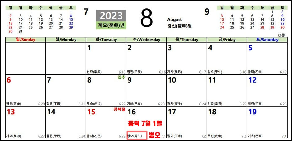 음력 7월 1일 간지