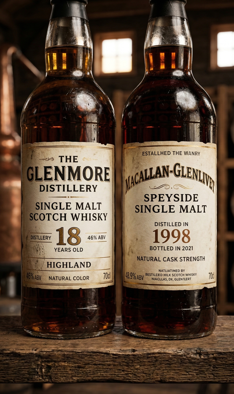 '18년 숙성'이라고 적힌 위스키 병과 '1998년 증류'라고 적힌 빈티지 위스키 병의 라벨을 나란히 비교한 고화질 클로즈업 사진