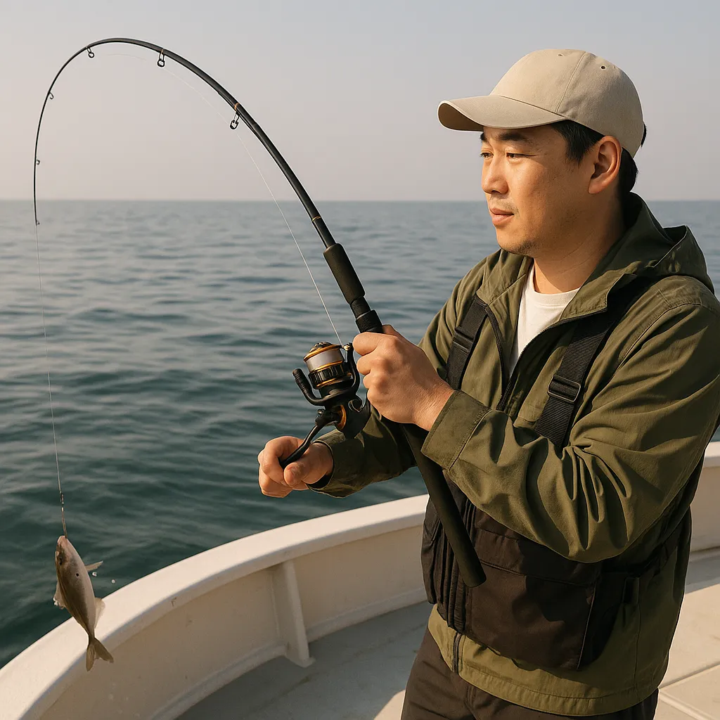 잔잔한 6월 바다에서 낚시줄을 감는 낚시꾼