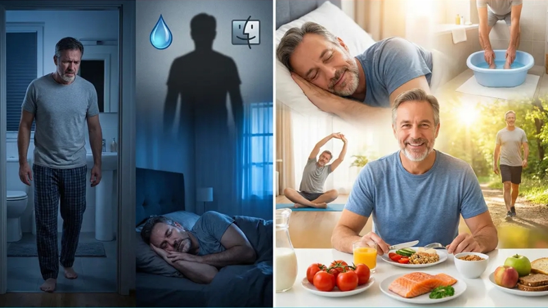 밤마다 화장실 문제로 숙면을 취하지 못하던 중년 남성이 식단, 운동, 좌욕 등 전립선 건강 관리로 편안한 숙면과 활력을 되찾는 Before/After 모습. 전립선 건강과 밤샘뇨 해결.