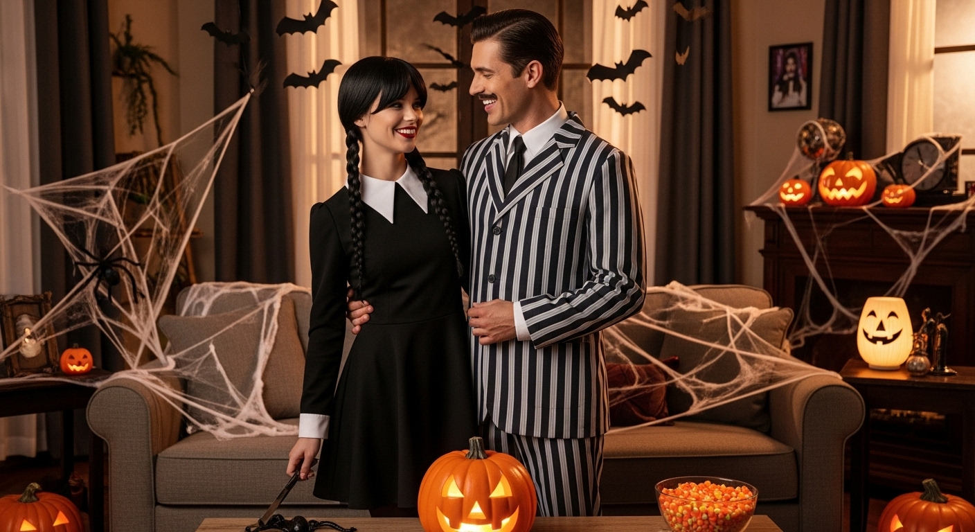 환하게 웃으며 시너지를 뽐내는 친구 또는 연인의 듀오 할로윈 코스튬.