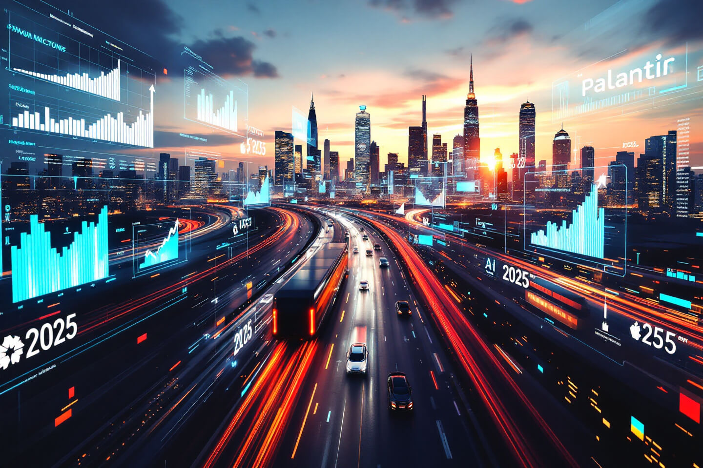 도시 고속도로를 배경으로 한 Palantir(팔란티어)의 미래 성장을 상징하는 데이터 그래프. 바쁜 도로와 함께 데이터의 흐름을 시각적으로 표현