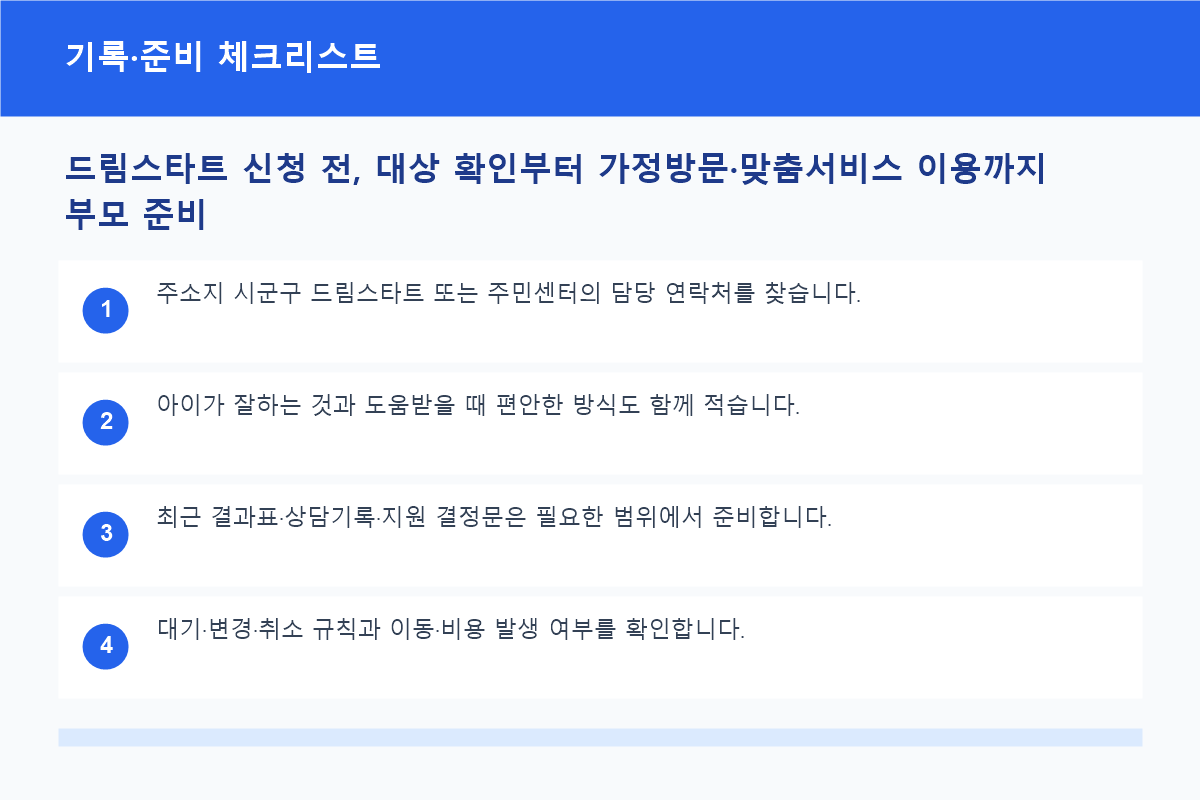 드림스타트 신청 전, 대상 확인부터 가정방문&middot;맞춤서비스 이용까지 부모 준비 기록&middot;준비 체크리스트 정보 이미지