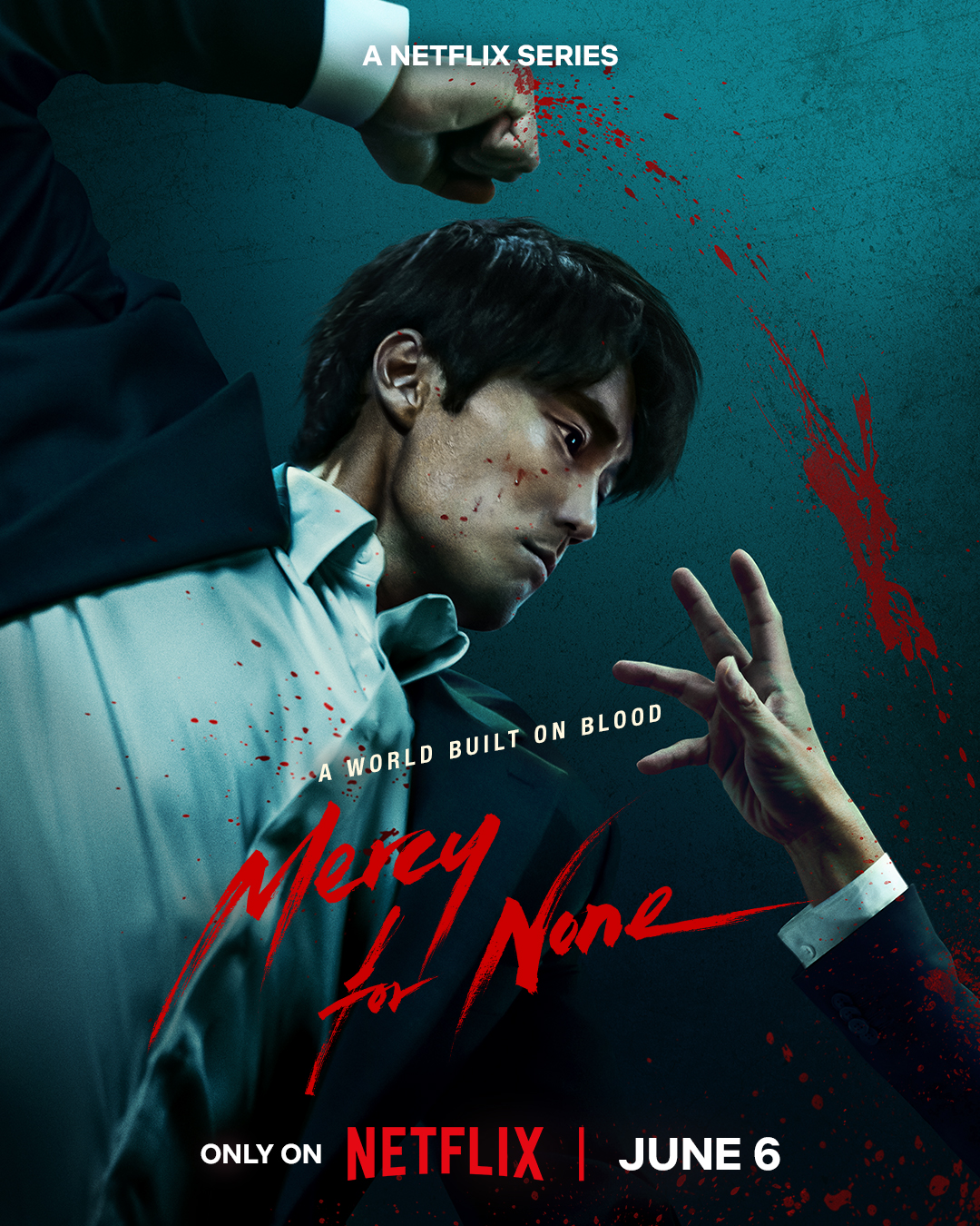 넷플릭스 시리즈 Mercy for None 포스터｜핏빛 배경 속 격투 중인 남성의 강렬한 표정과 타이틀 로고가 인상적인 이미지
