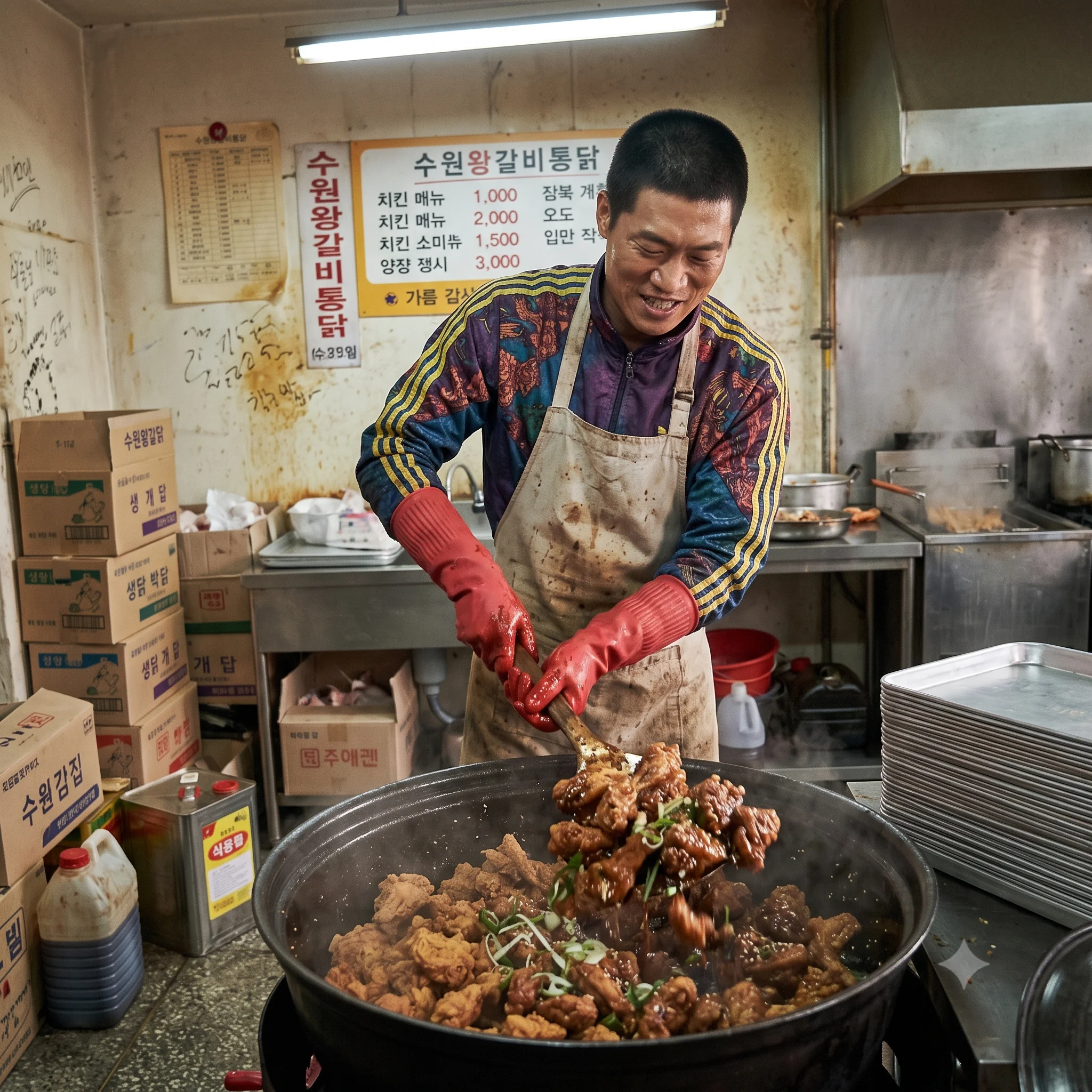 영화 극한직업 진선규 마봉팔 형사가 개발한 수원왕갈비통닭 조리 장면 스틸컷