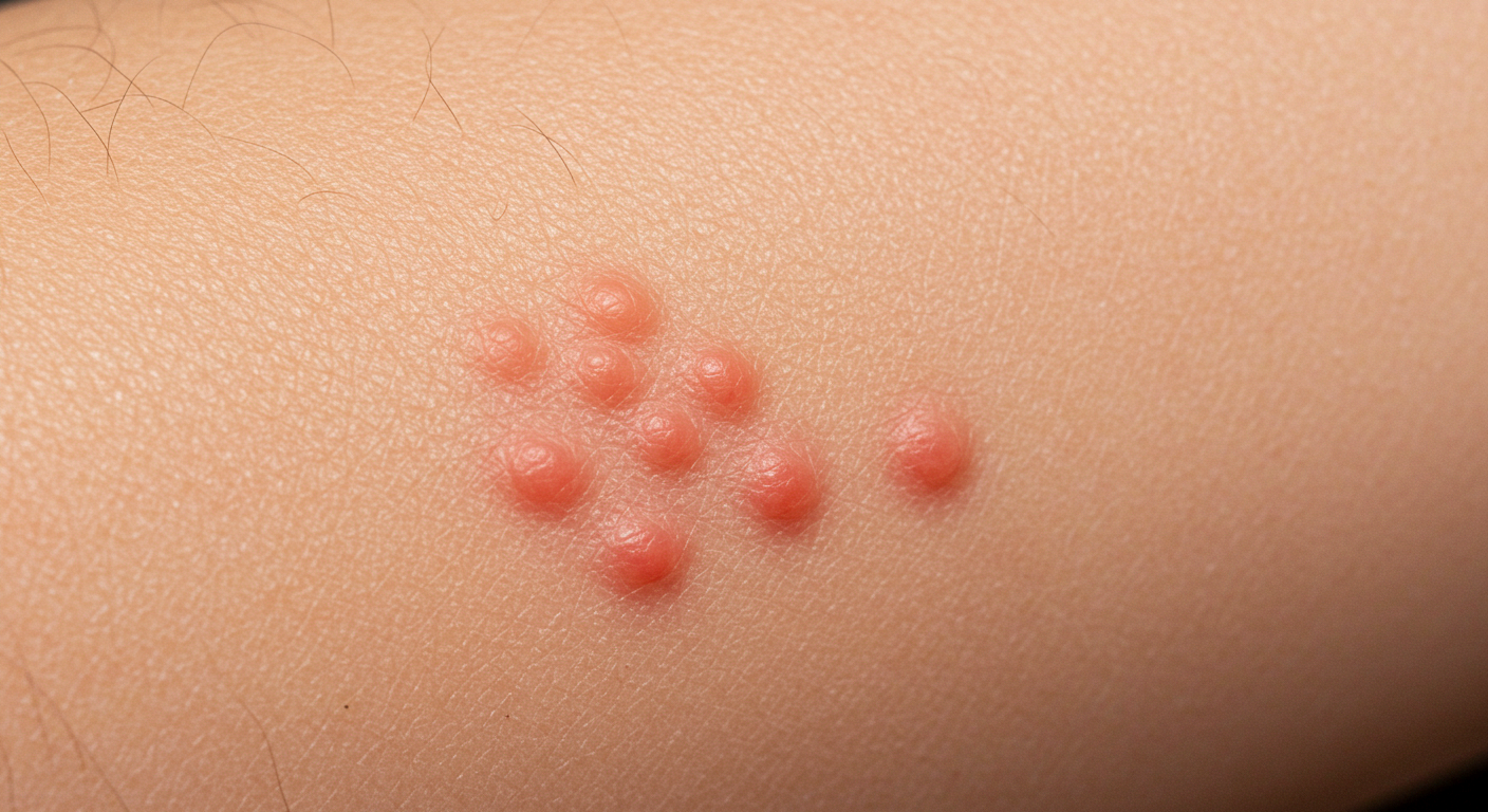 피부에 작고 둥근 두드러기가 여러 개 나타나요.