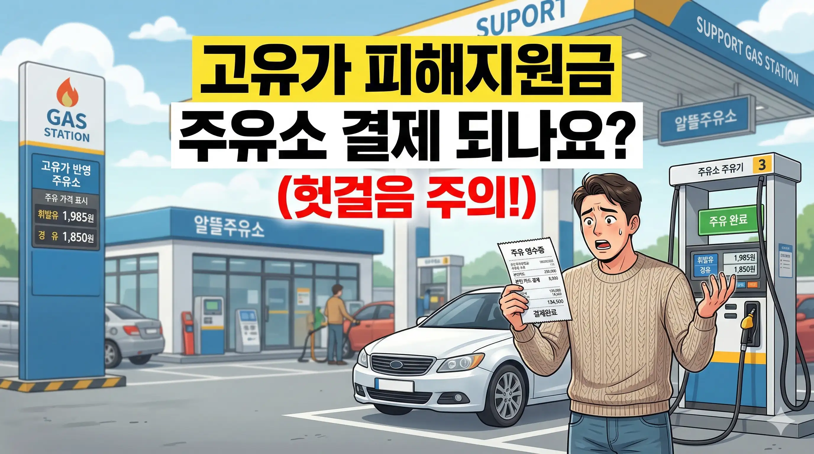 고유가 피해지원금 사용처 주유소 앞에서 당황한 남자가 서있는 모습