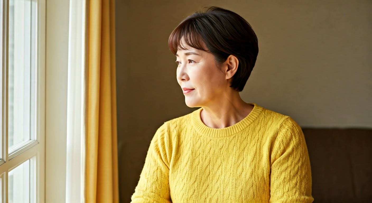 50대 중년 여성이 창문을 바라보며 생각하는 이미지