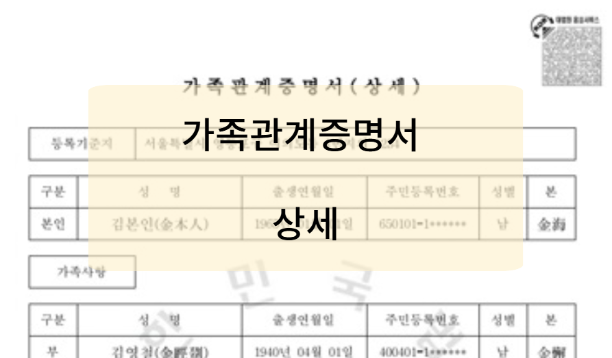 상세증명서: 과거와 현재 가족 관계 포함