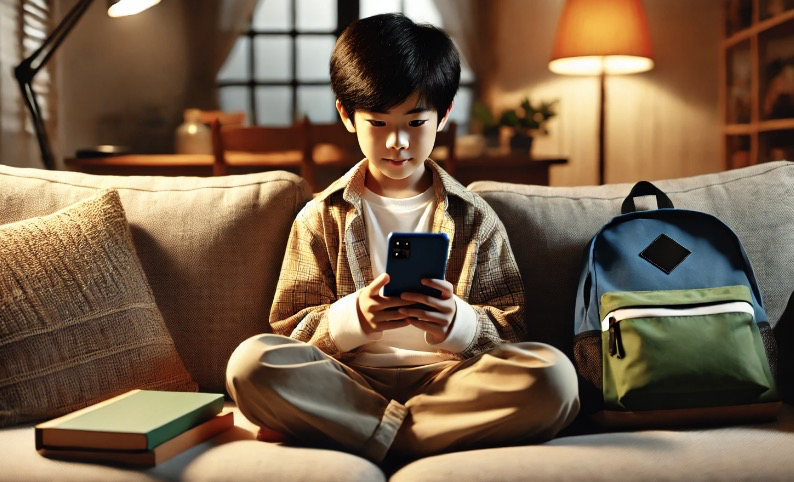 따뜻한 조명 아래에서 소파에 앉아 스마트폰을 보는 아이