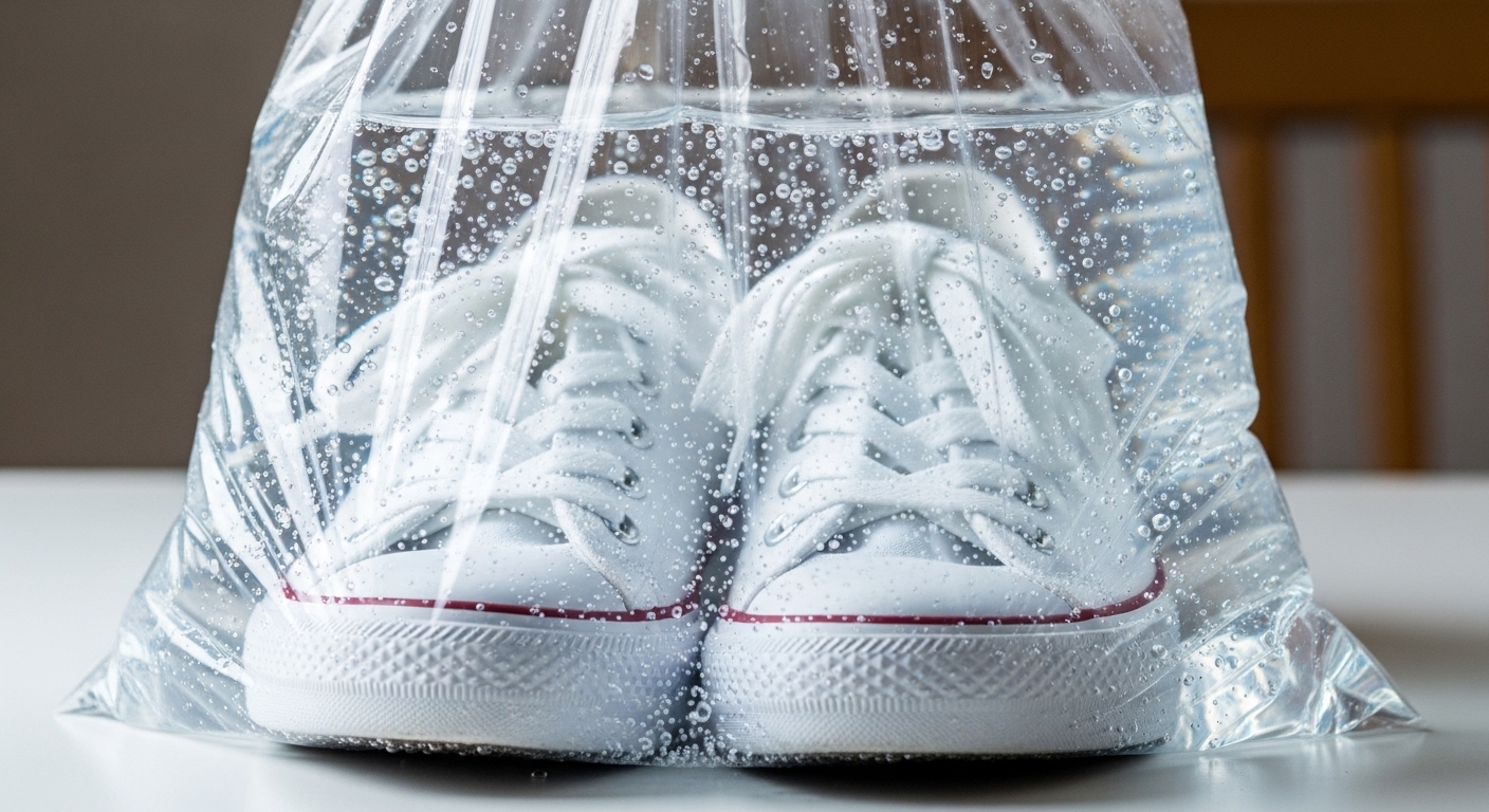 비닐봉지와 따뜻한 물을 활용해 흰 운동화 찌든 때를 불려내는 세탁 꿀팁