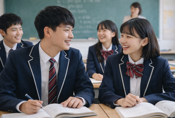 교복을 입은 고등학생들이 교실에서 웃으며 수업에 참여하는 모습