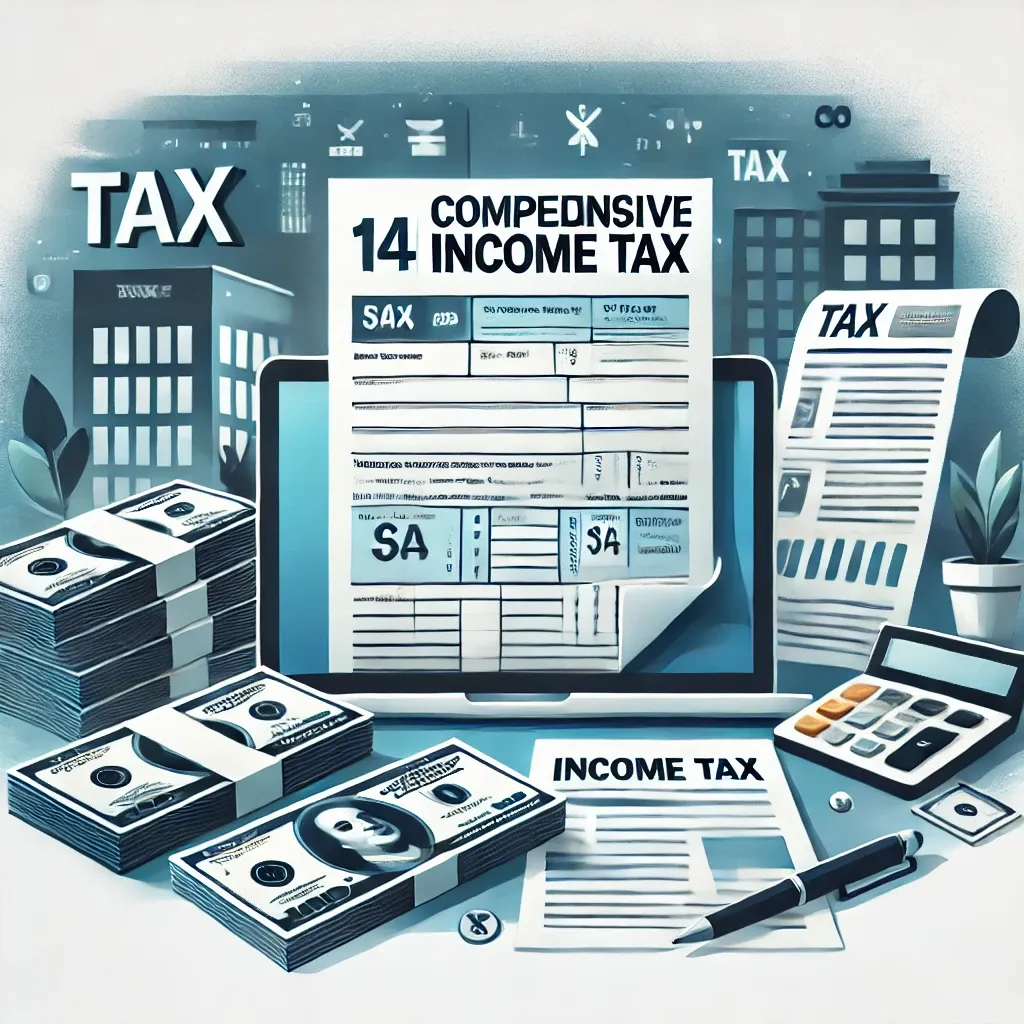 종합소득세 신고를 나타내는 문서, 계산기, 펜, 돈 더미