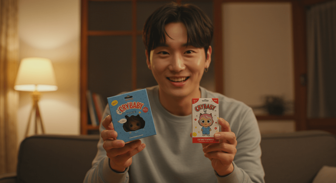 남성이 크라이베이비 키링을 선물 박스에 담아 건네는 모습 2