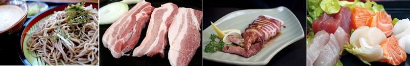 수험생의 두뇌활동촉진과 체력증강 음식 사진 - 메밀국수, 돼지고기, 오징어 요리, 참치를 이용한 요리