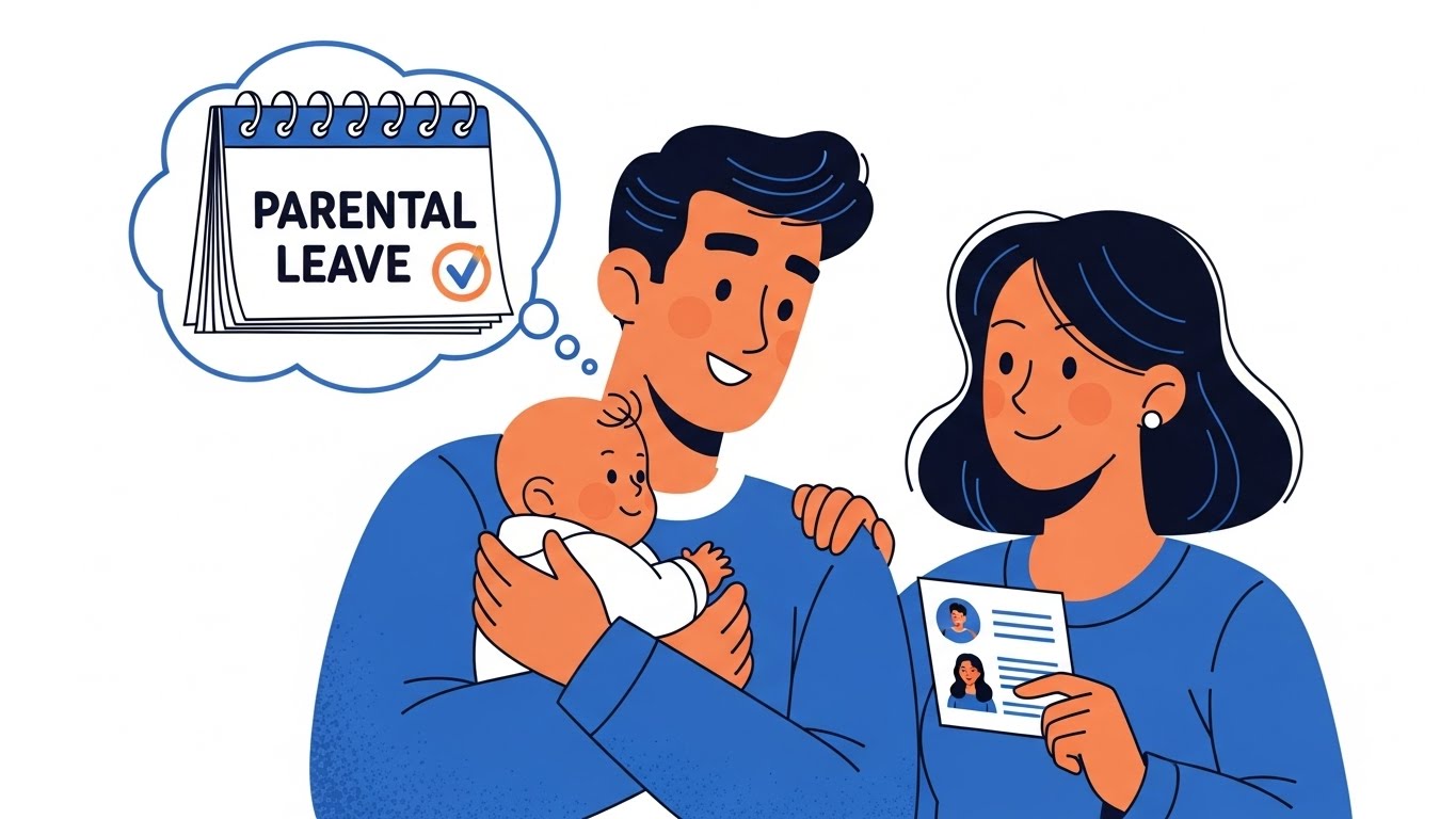 아빠의 육아휴직을 적극적으로 활용하며 아이와 행복한 시간을 보내는 가족 일러스트