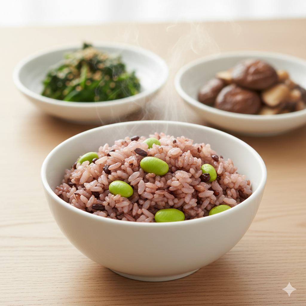 잡곡밥 사이사이 초록색 풋콩이 박혀 있는 고슬고슬한 풋콩 영양밥