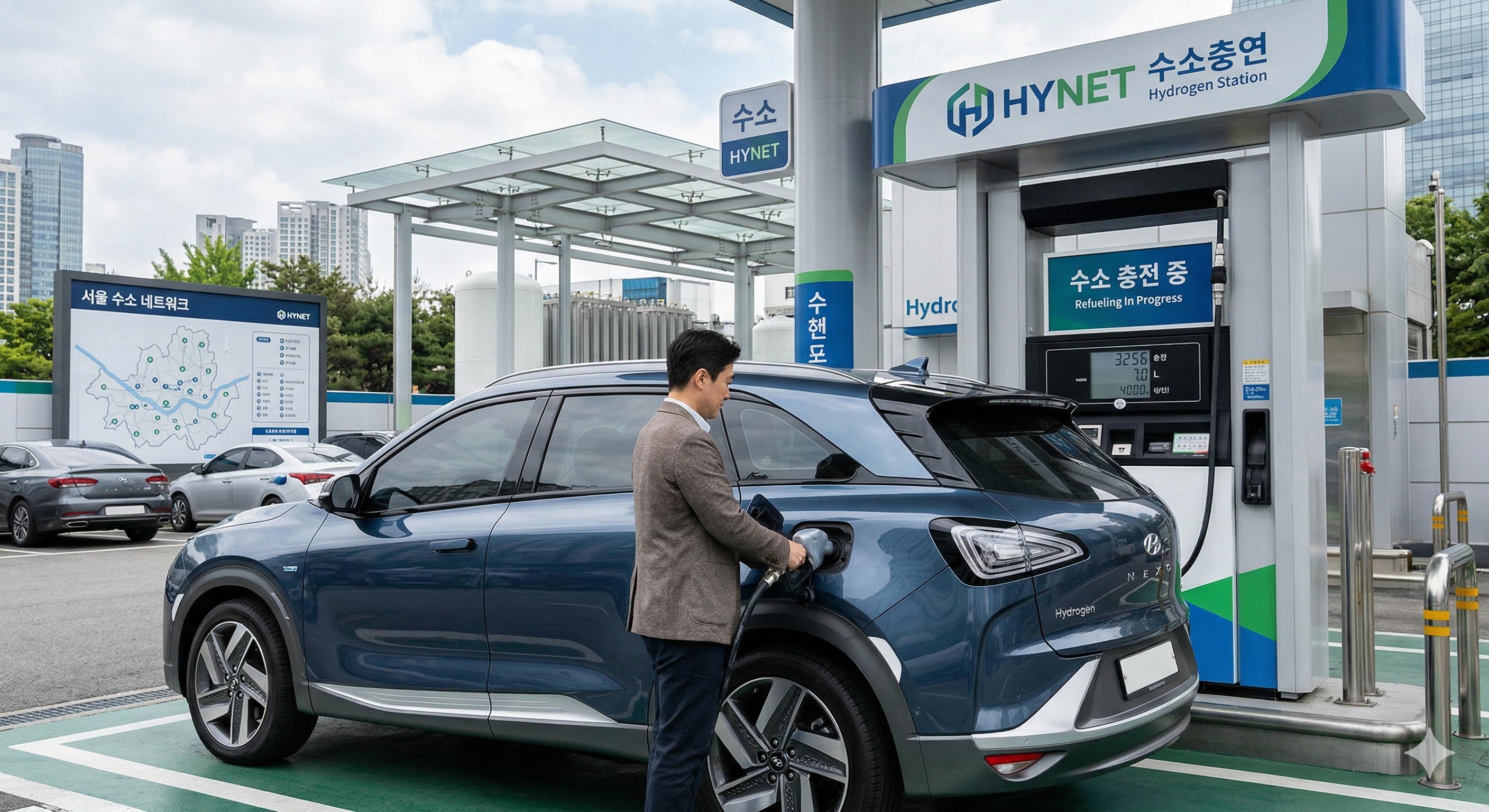 2026년형 현대차 넥소의 외관 디자인과 수소 충전 모습