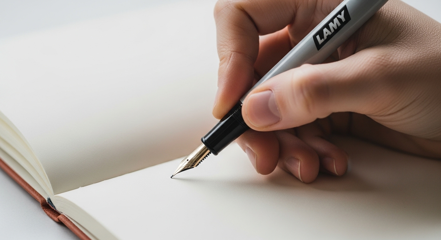 손으로 만년필을 쥐고 노트에 글을 쓰는 모습의 클로즈업 사진