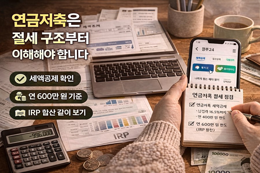 연금저축의 세액공제 구조와 연 600만 원 한도, IRP 합산 900만 원 기준을 함께 이해하는 방법을 보여주는 체크리스트형 이미지입니다.