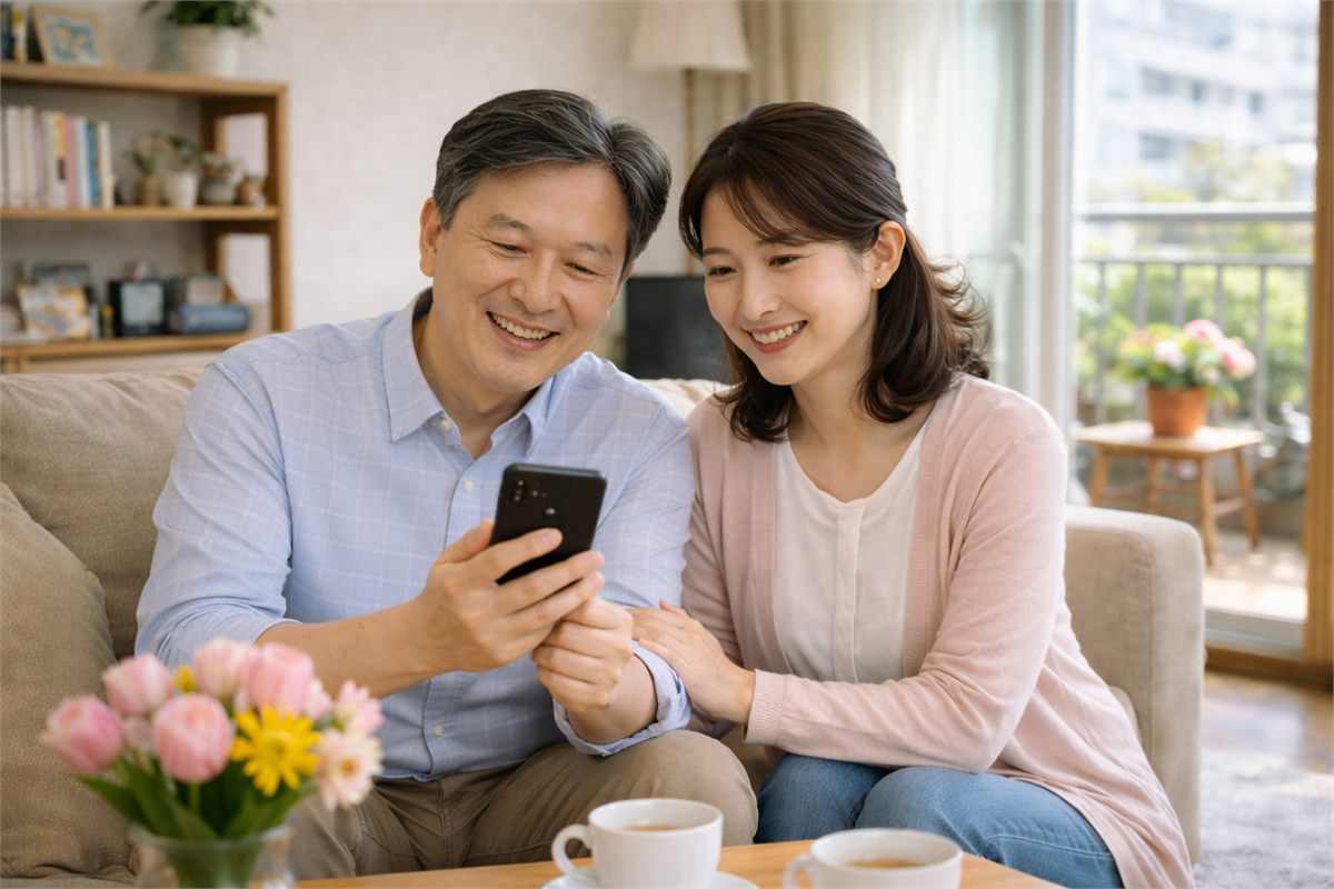 스마트폰으로 따뜻한 안부를 확인하며 웃는 한국인 노부부