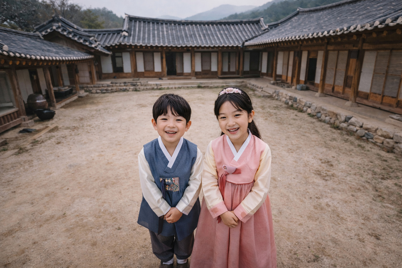 한옥 마당에서 한복을 입은 7살 소년과 10살 소녀가 환하게 웃고 있는 따뜻한 장면