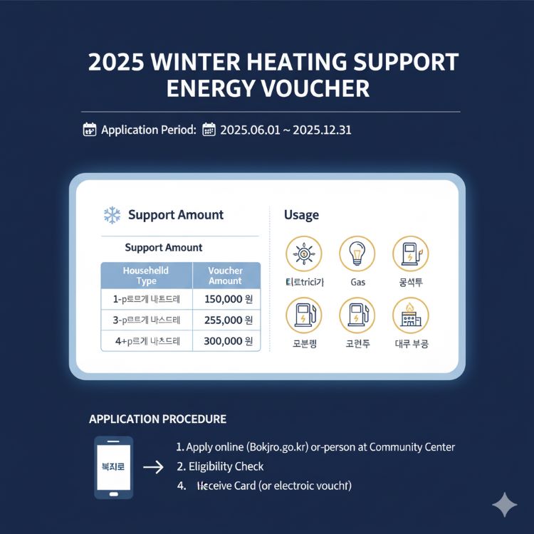 겨울철 난방비 지원 에너지바우처 안내 &mdash; 신청기간(6월~12월), 금액별 표, 사용처(전기&middot;가스&middot;등유), 복지로 사이트 절차를 시각적으로 표현한 디자인