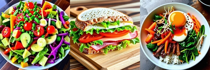 각종-야채와-함께-조리한-샐러드,-햄-토마토-야채를-곁들인-샌드위치, 당근-녹황색채소-등과-함께-조리한-달걀-비빔밥