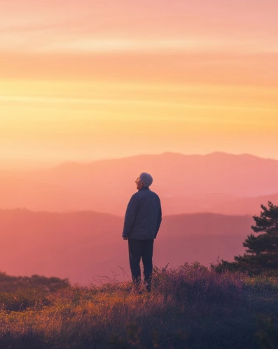 100세 시대 이해를 돕기 위한 산 정상에서 노을을 보는 노인 예시 이미지