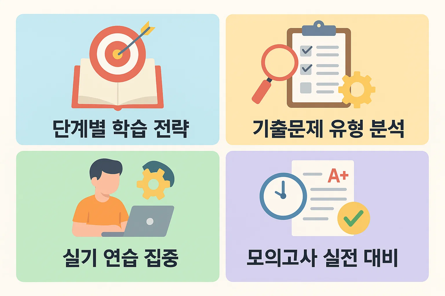 기출문제 유형 분석부터 단계별 학습전략, 실기 집중 및 모의고사 대비 전략을 정리한 정보처리기사 공부 순서 인포그래픽