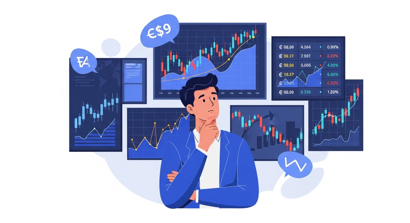 환율 변동성에 대비해 금융 결정을 고심하는 사람의 모습. 주식 차트와 환율표를 보며 현명한 대응 전략을 생각하는 투자자.