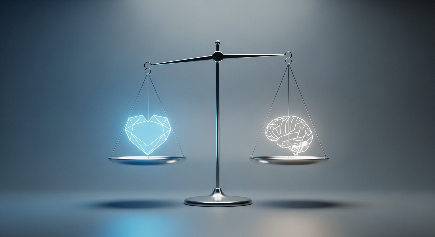 감성과 이성의 균형을 상징하는 저울 위에 하트와 뇌 아이콘이 놓여 있는 이미지