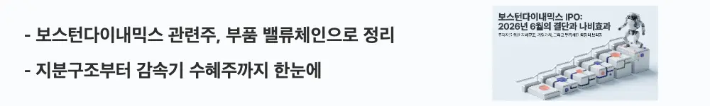 보스턴다이내믹스 상장: "보스턴다이내믹스 관련주, 부품 밸류체인으로 정리"라는 문구가 포함된 웹배너 이미지. 이 이미지는 아틀라스 부품 밸류체인과 지분구조 수혜주를 시각적으로 전달하며, 블로그의 보스턴다이내믹스 관련주 분석과 관련된 내용을 설명함