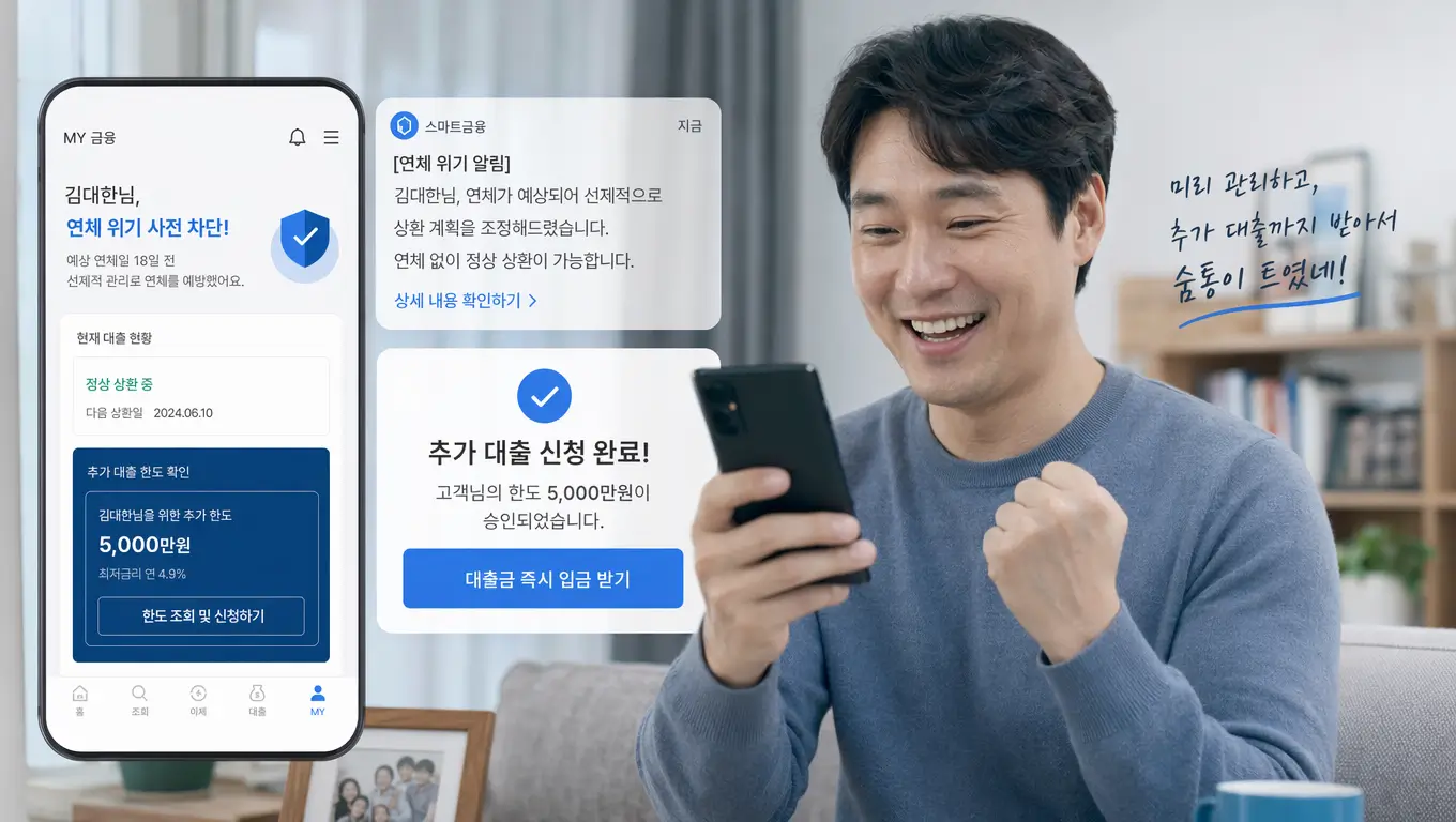 연체 위기를 선제적으로 차단하고 비대면 플랫폼으로 추가 대출을 확보하여 안도하는 가장의 모습