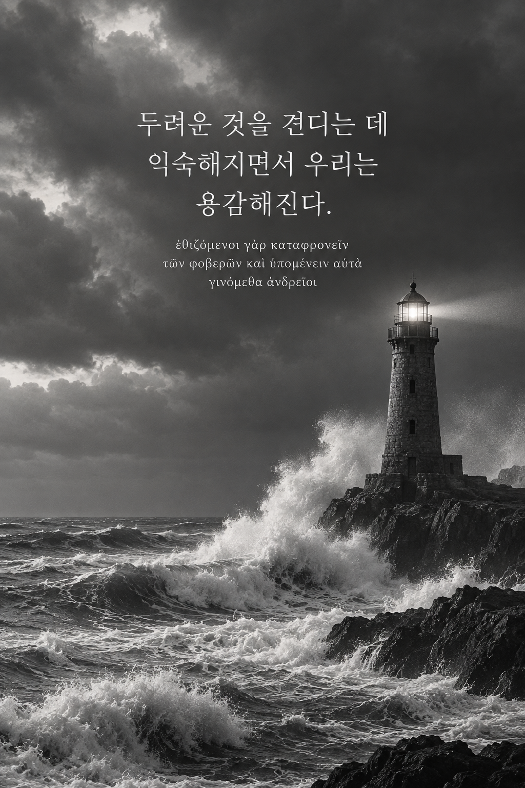 아리스토텔레스 명언 20 — 두려운 것을 견디는 데 익숙해지면서 우리는 용감해진다. — 흑백사진