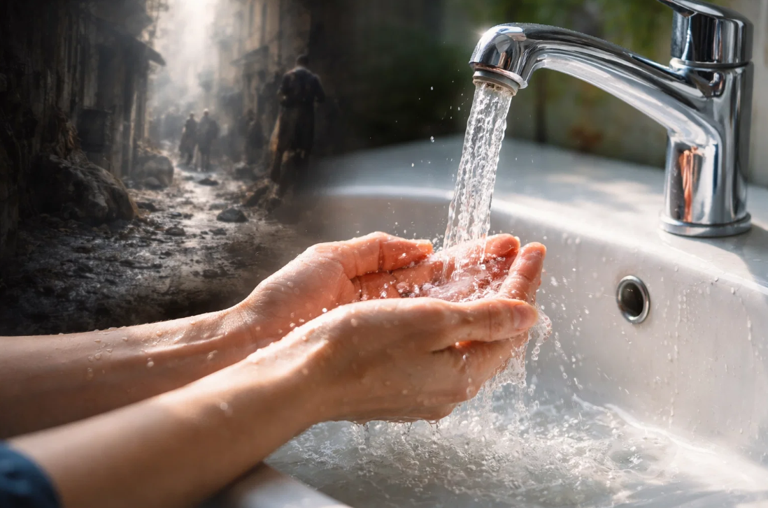 깨끗한 수돗물로 손을 씻는 모습과 대비되는 과거 비위생적인 환경을 함께 표현한 위생 인식 이미지