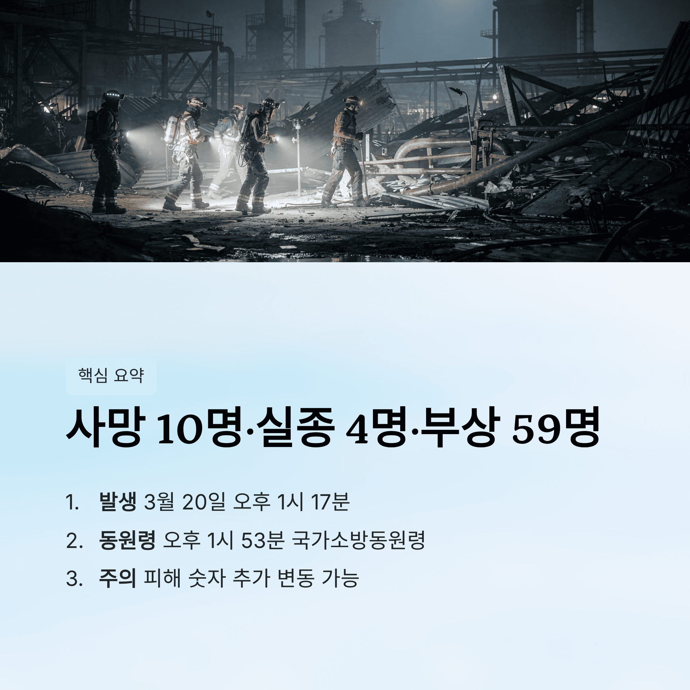 사망 10명, 실종 4명, 부상 59명