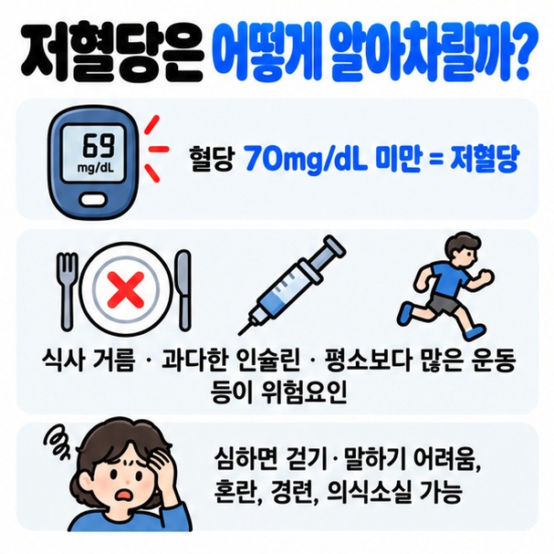 혈당 70mg/dL 미만과 식은땀 떨림 두근거림 배고픔 어지럼 혼란 등 저혈당 증상을 정리한 이미지