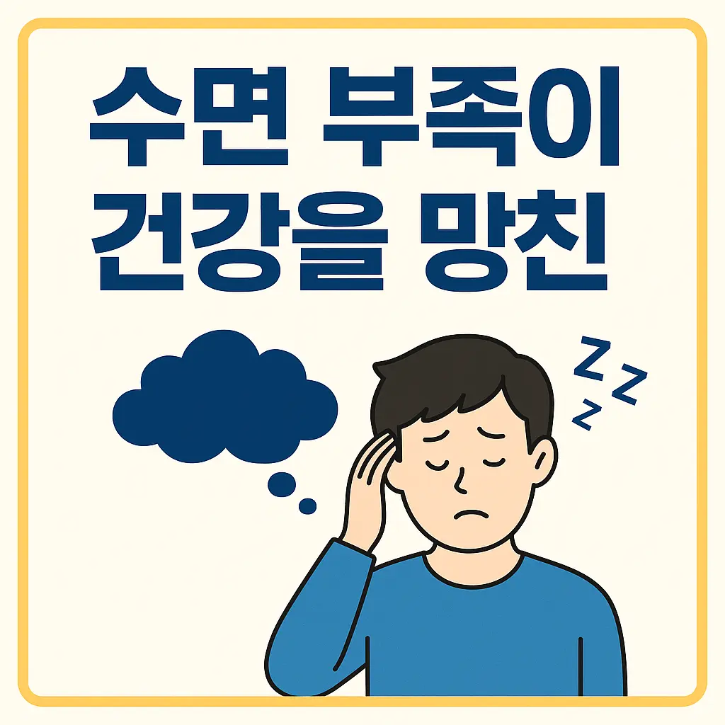 수면 부족이 건강에 미치는 영향에 대한 한국어 인포그래픽 – 만성피로, 집중력 저하, 면역력 저하 등의 위험요소 설명