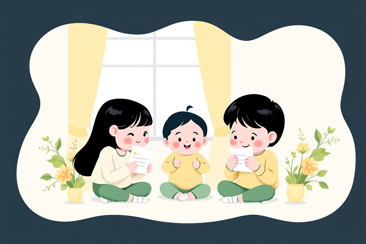 세아이가 앉아서 노는 모습