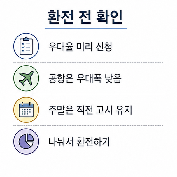 환전 전 확인 사항, 우대율 신청과 공항 환전소, 주말 고시 유지, 분할 환전을 정리한 체크리스트