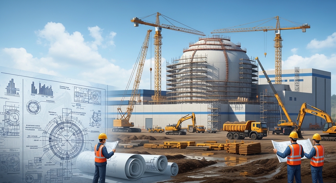 Conceptual illustration of a nuclear power plant construction site in Czech Republic, modern APR1000 reactor dome under construction, blue sky background, engineering blueprint overlay,