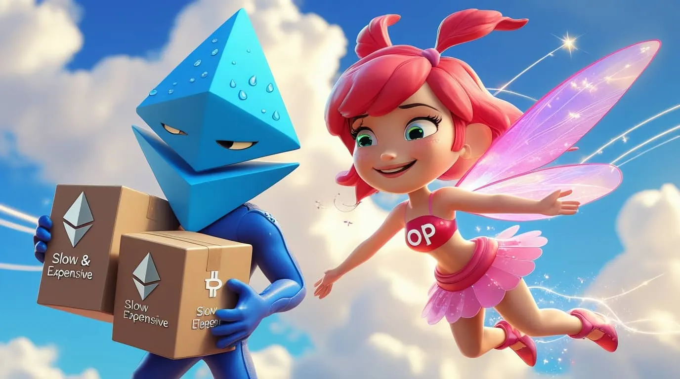 옵티미즘의 빠르고 가벼움과 이더리움의 무겁고 느린 것을 날개달리 페리과 무거운 짐을 힘들게 옮기는 캐릭터로 상징적으로 나타낸 이미지.