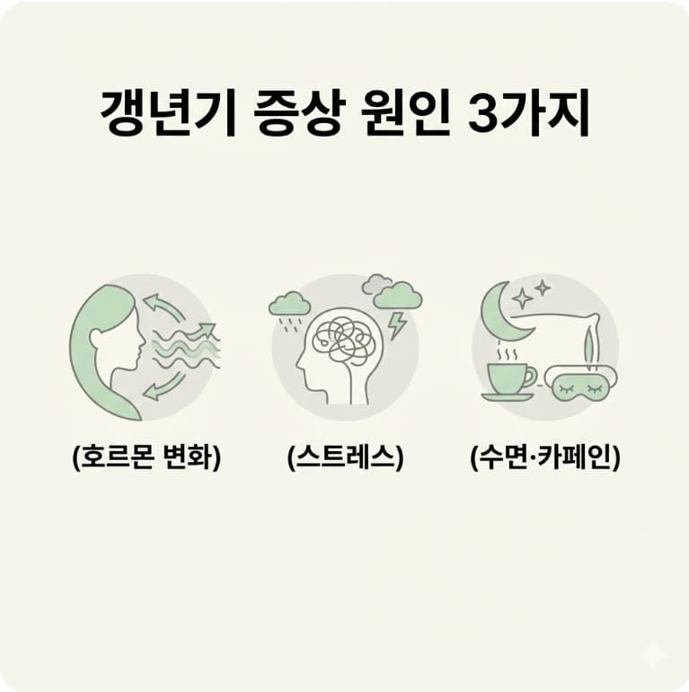 갱년기 증상 원인 3가지(호르몬 변화&amp;#44; 스트레스&amp;#44; 수면&middot;카페인)를 아이콘으로 정리한 인포그래픽