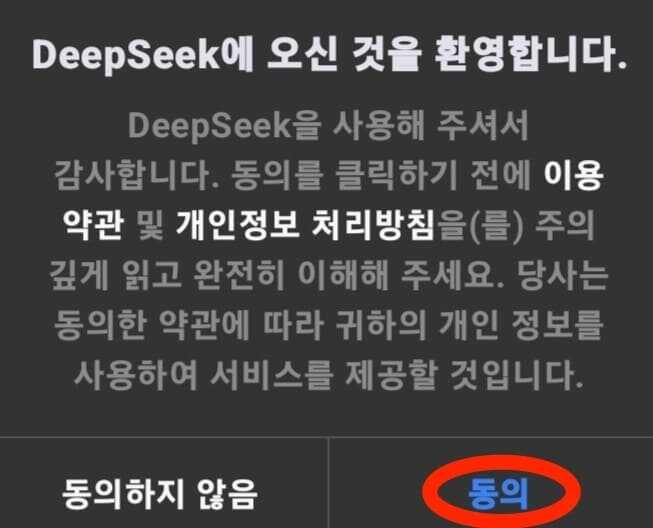 딥시크 모바일 앱 개인정보 처리방침 동의안